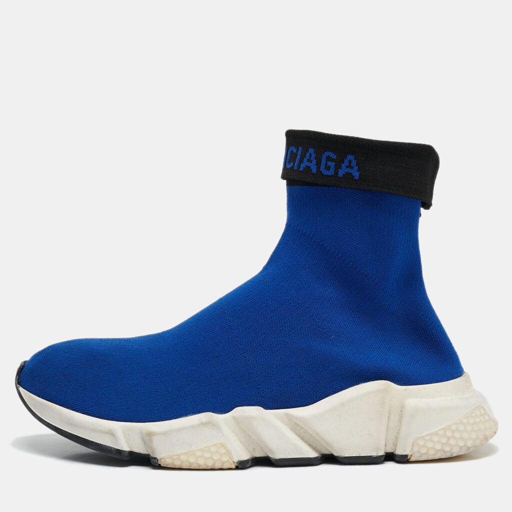 luxury-women-balenciaga-used-shoes-p1107460-001.jpg Balenciaga Blue Knit Fabric Speed Trainer High Top Sneakers Size 39