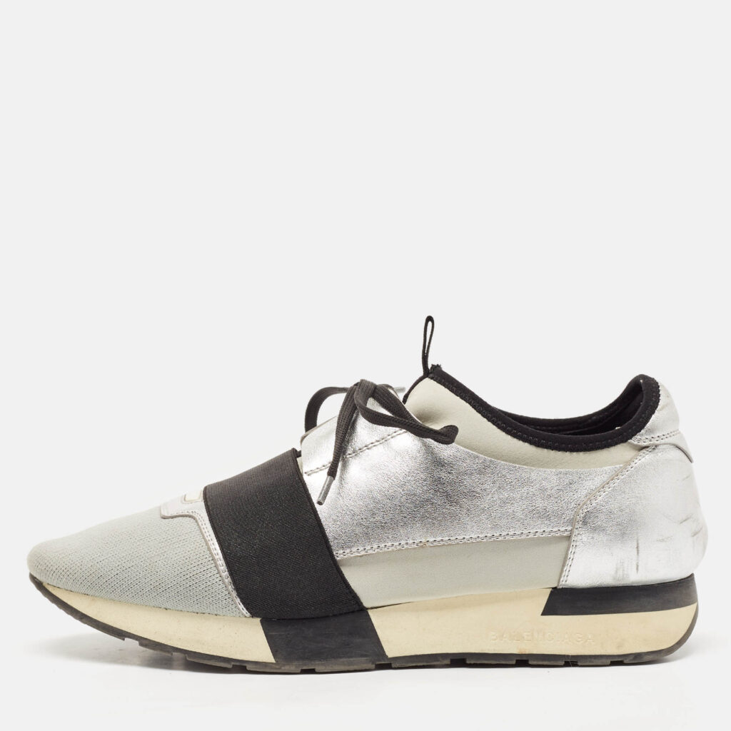 luxury-women-balenciaga-used-shoes-p1134275-010.jpg Balenciaga Silver Leather and Fabric Race Runner Low Top Sneakers Size 40