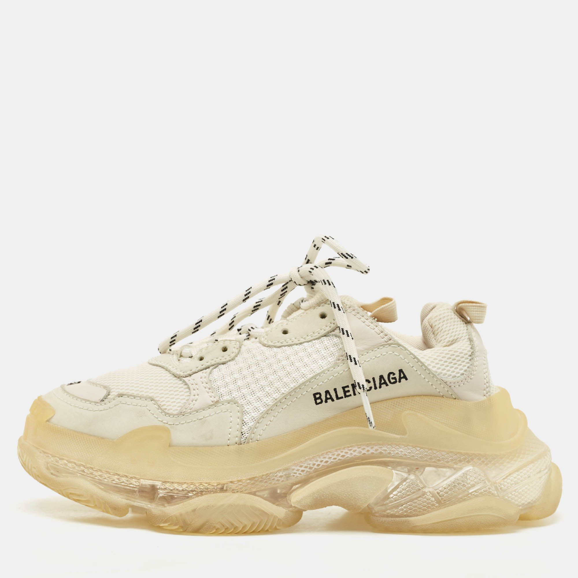 balenciaga white faux leather and mesh triple s clear sole sneakers size 37