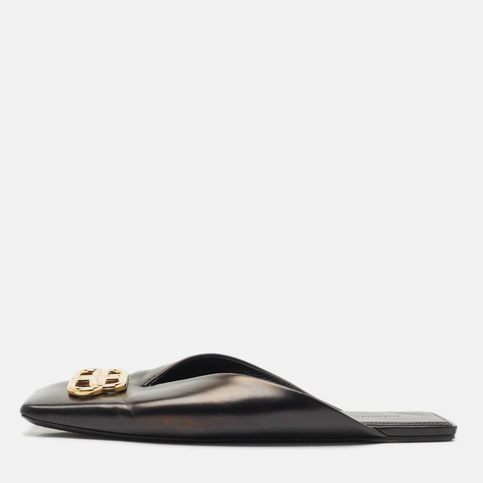 balenciaga black leather double square bb flat mules size 41
