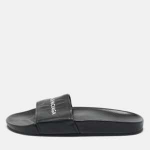 balenciaga black logo stamped leather slide sandals size 39