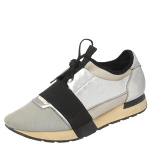 balenciaga silver/black leather and fabric race runner sneakers size 40