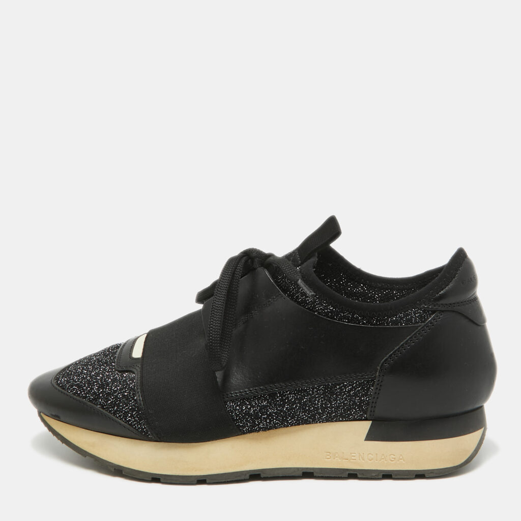 luxury-women-balenciaga-used-shoes-p940709-001.jpg Balenciaga Black Leather and Glitter Knit Fabric Race Runner Sneakers Size 37