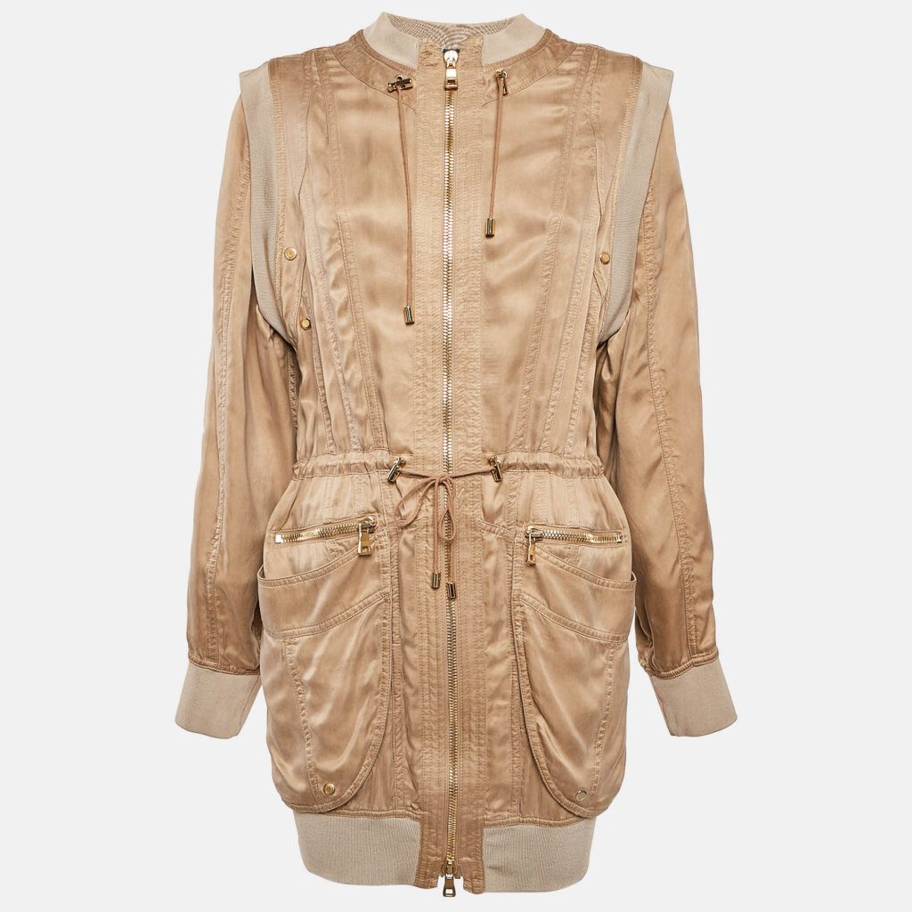 luxury-women-balmain-used-clothes-p1110895-001.jpg Balmain Beige Gabardine Long Zip-Up Jacket S