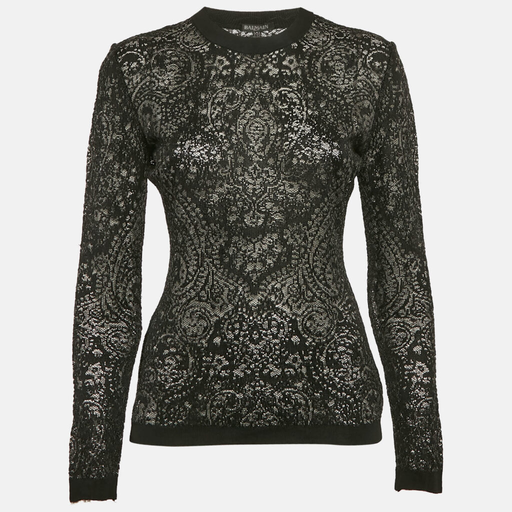 luxury-women-balmain-used-clothes-p1124851-001.jpg Balmain Black Patterned Mesh Sheer Pullover M