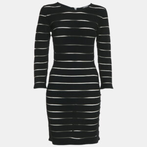 balmain black striped jersey long sleeve mini bodycon dress l