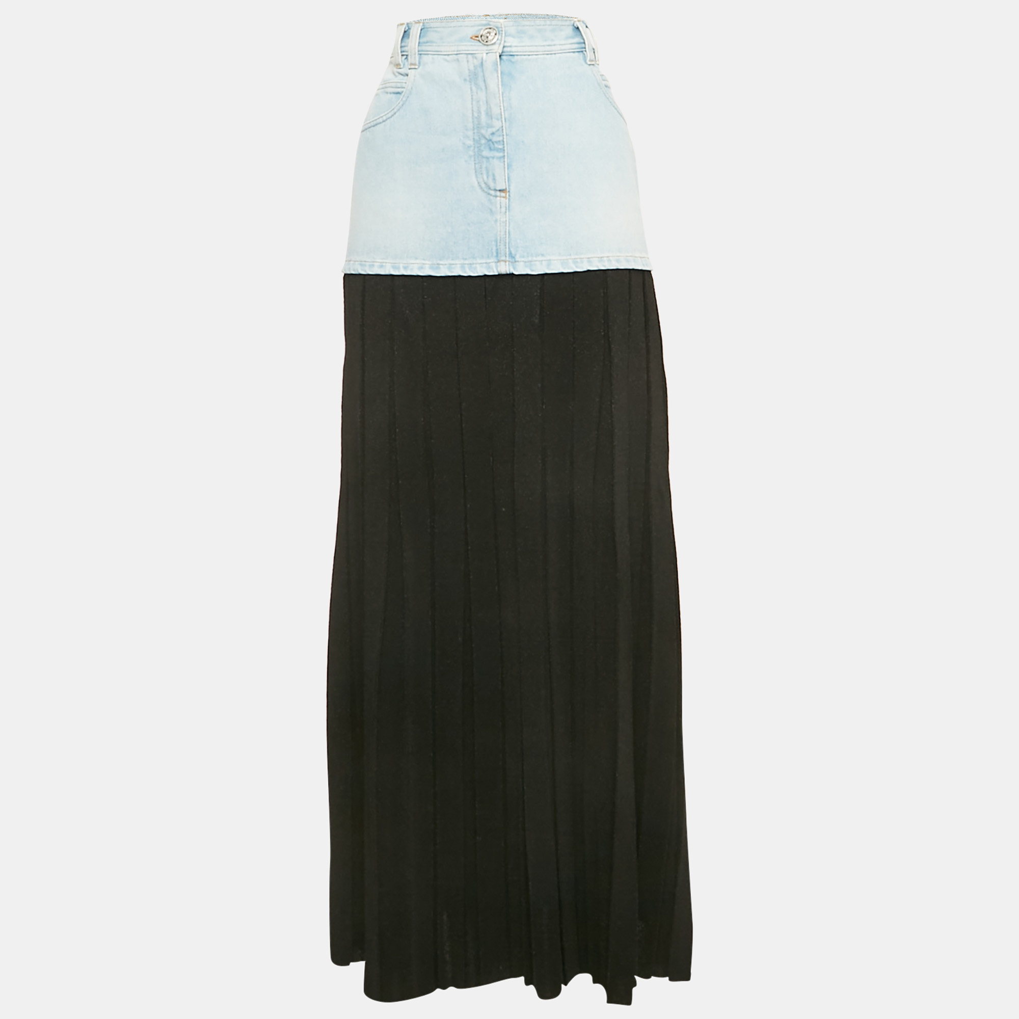 balmain blue/black denim and lurex knit pleated maxi skirt m