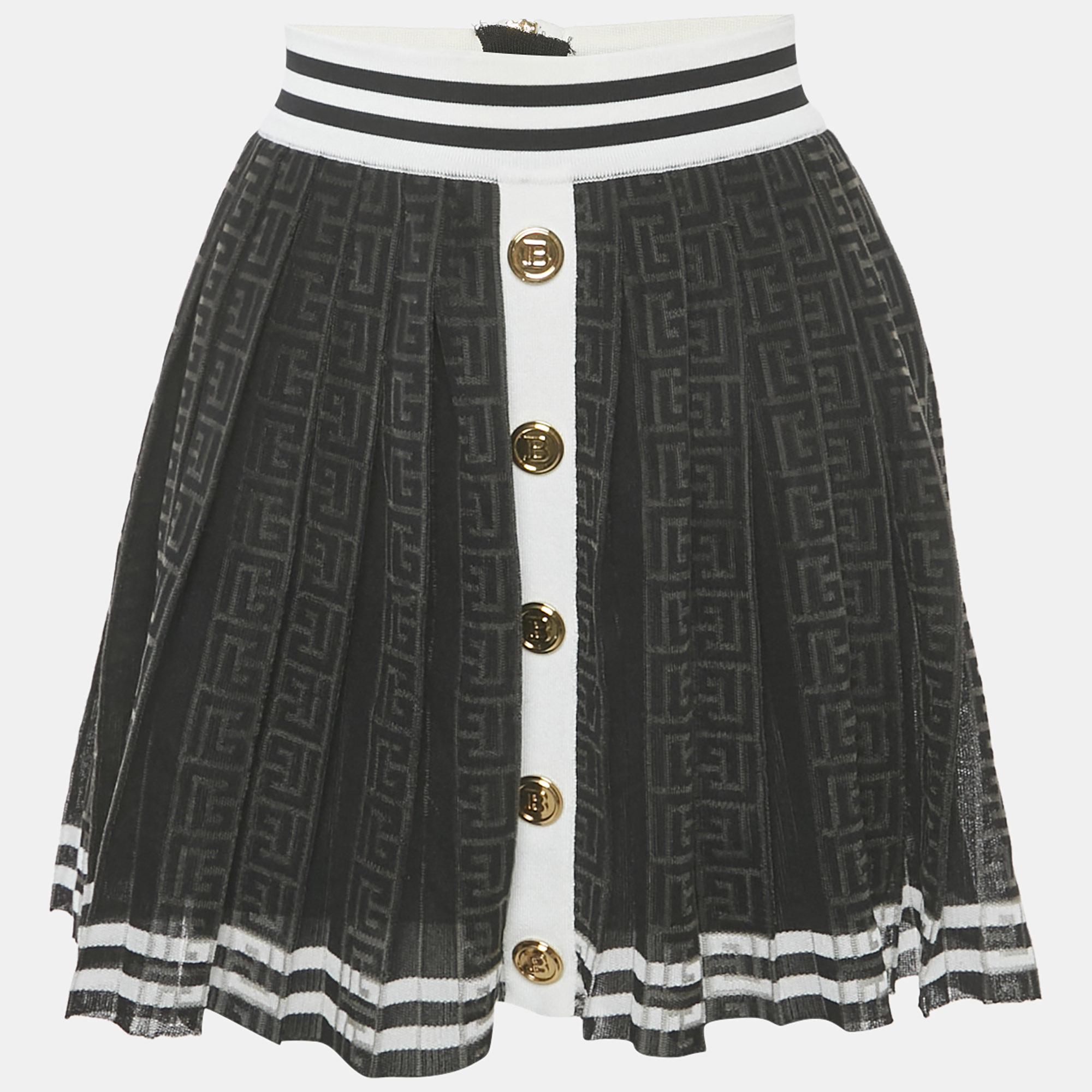 balmain black monogram mesh pleated mini skirt s