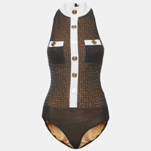 balmain black monogram mesh high neck bodycon top s