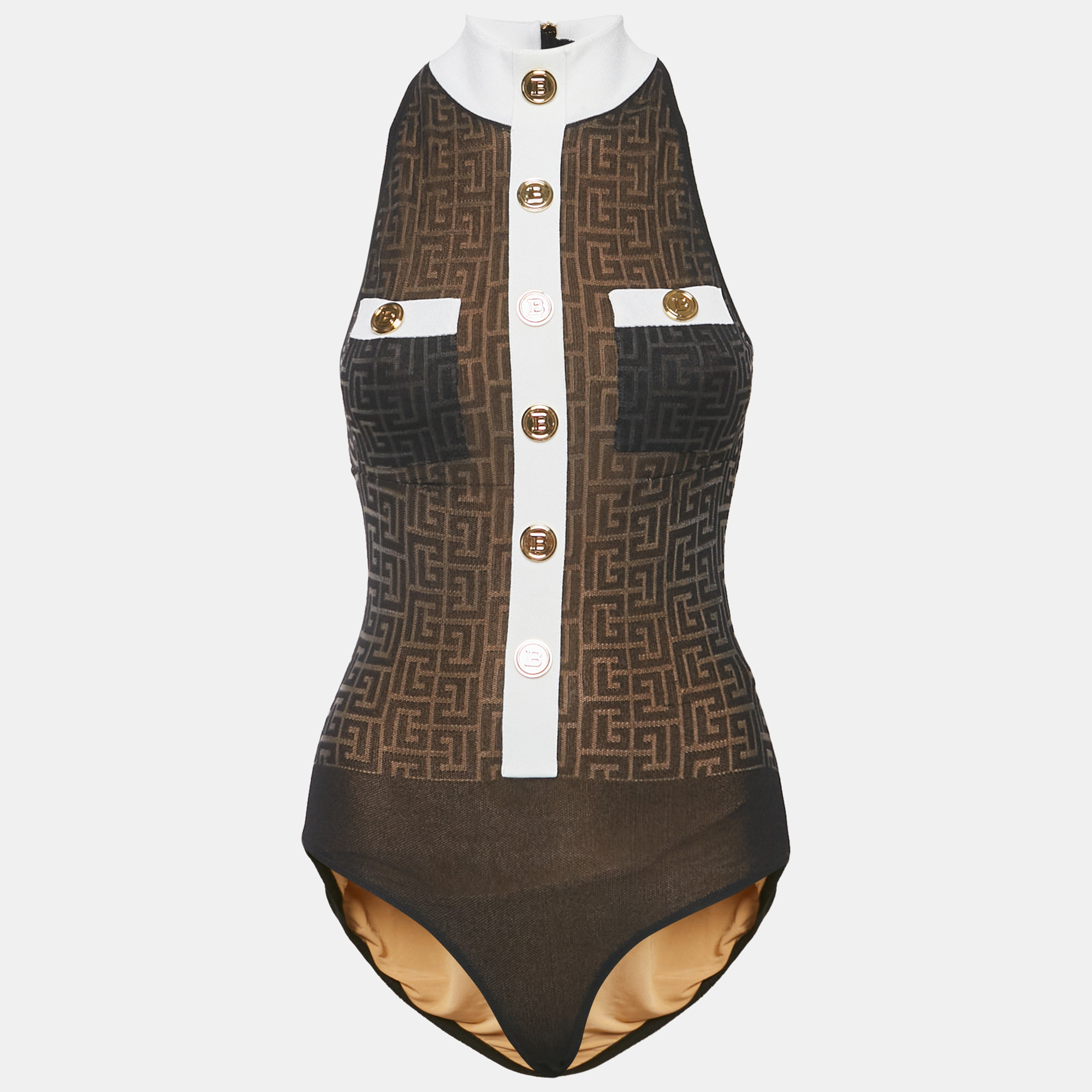 balmain black monogram mesh high neck bodycon top s