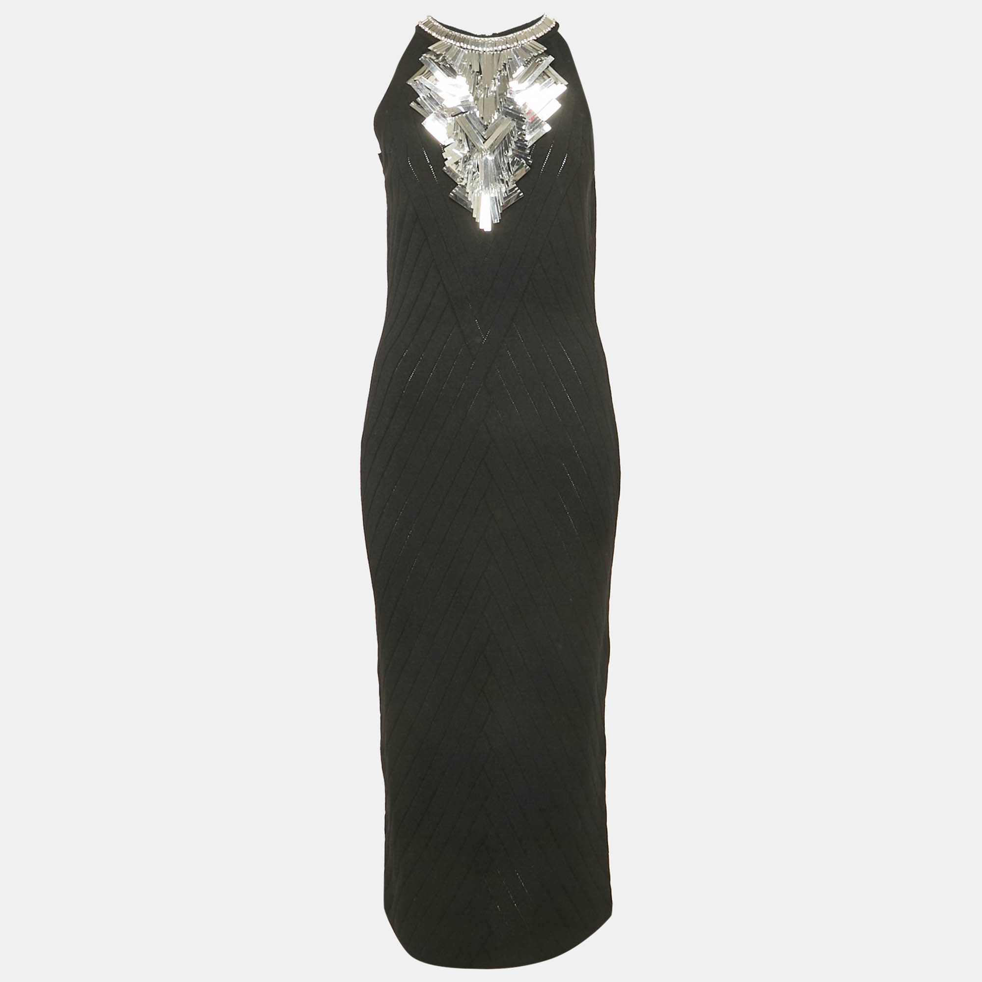 balmain black sequin embellished knit midi dress l