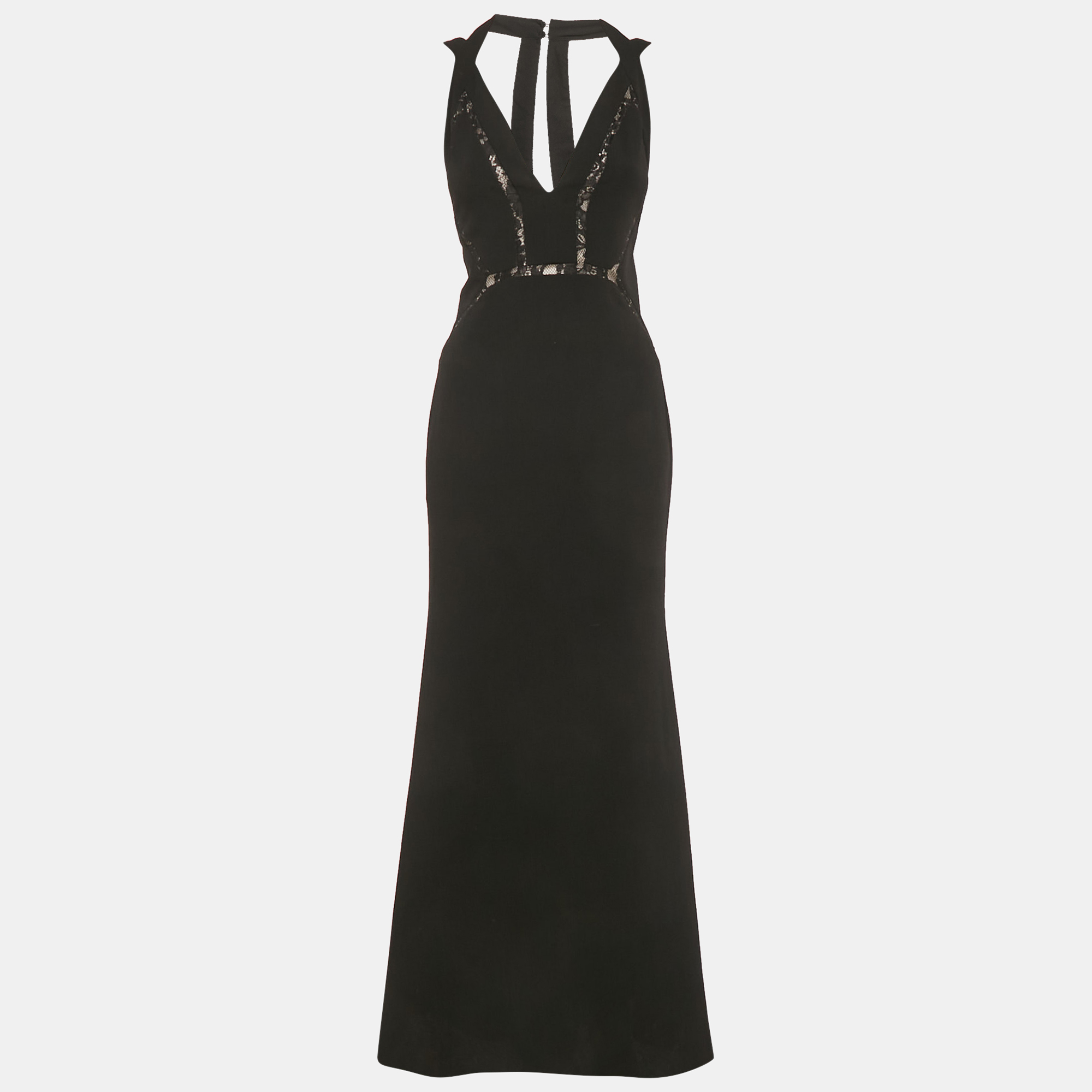 bcbcmaxazria black crepe lace detail penelopey maxi dress xs