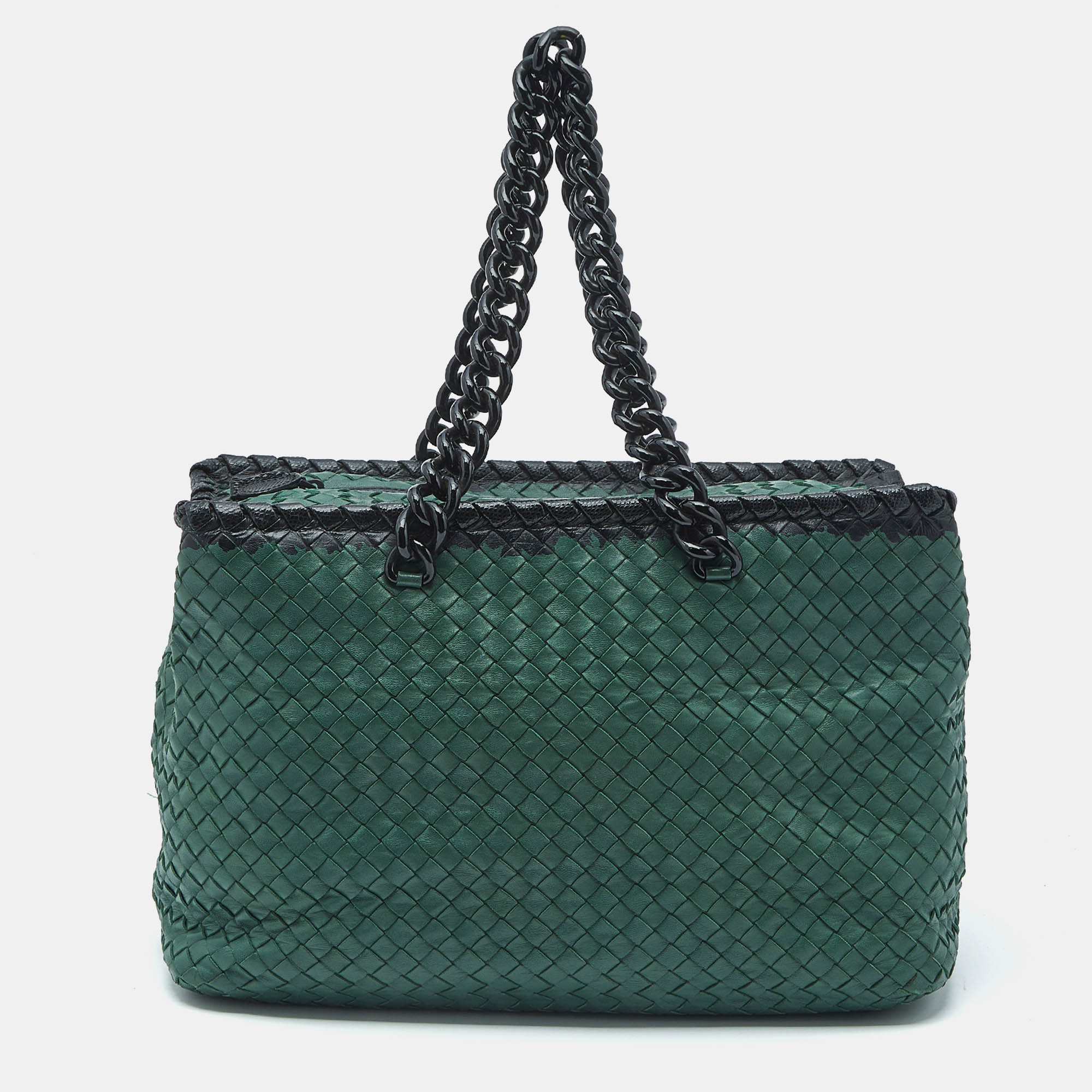 bottega veneta green/black intrecciato leather and  karung chain tote