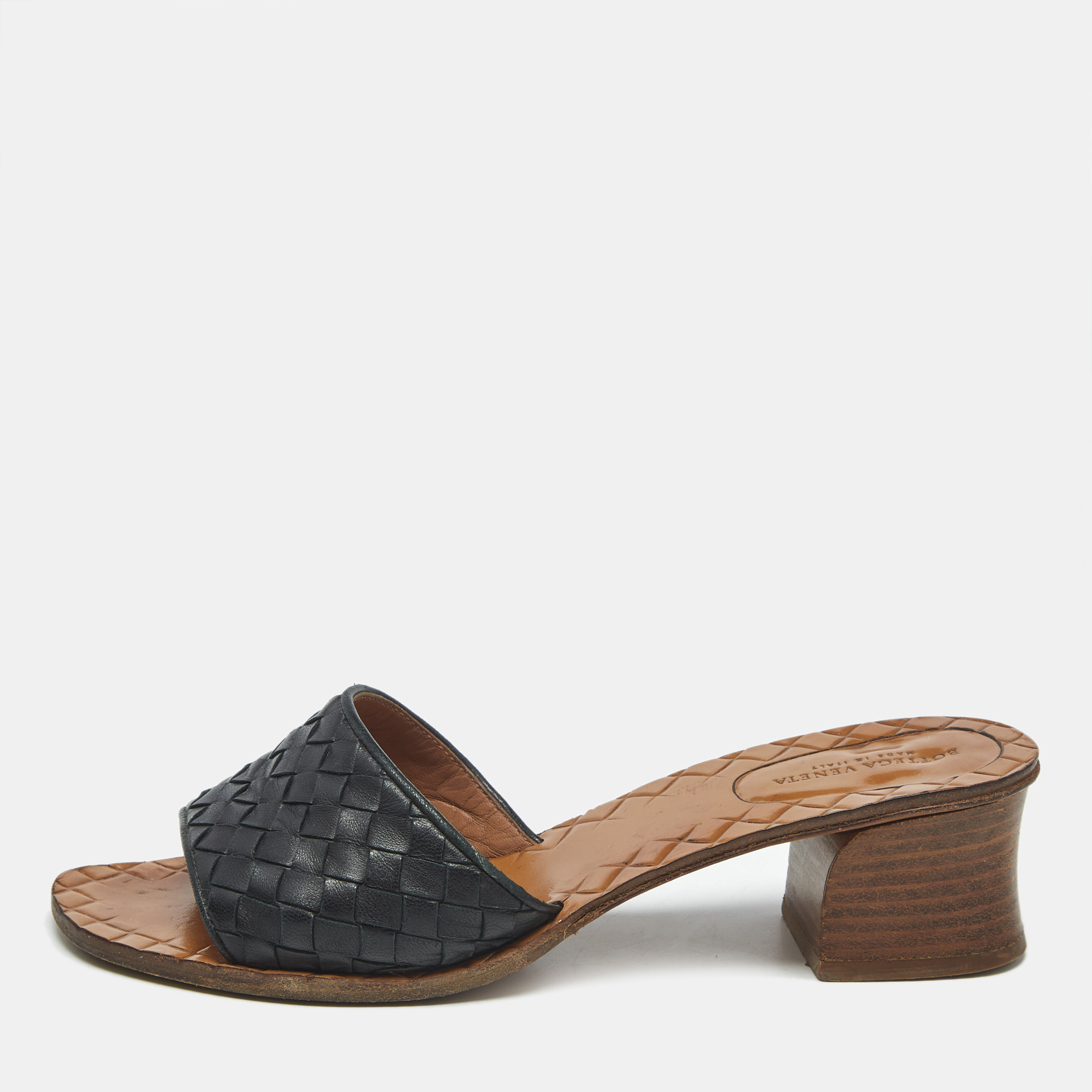 bottega veneta black intrecciato leather slide sandals size 37