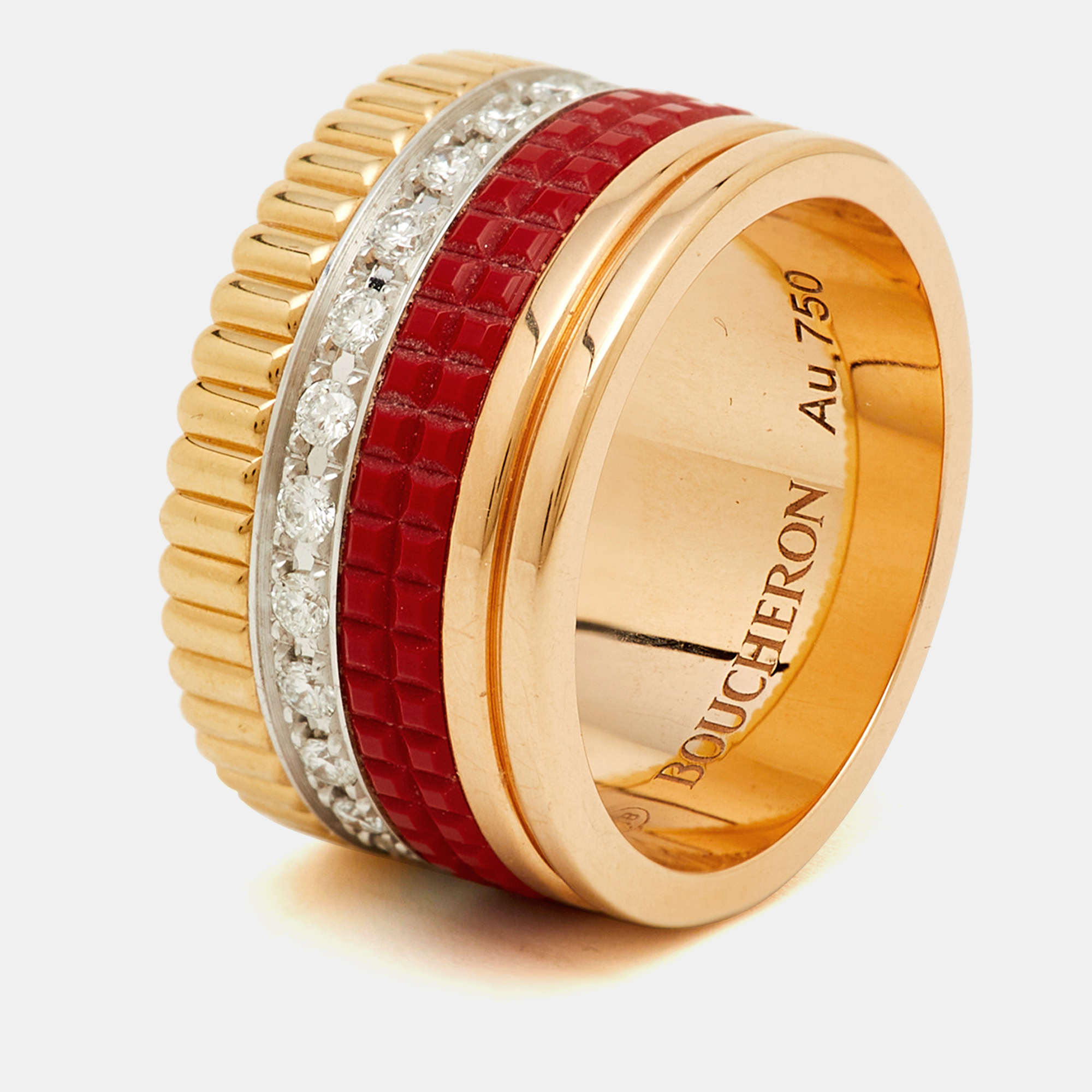 boucheron quatre classique red edition ceramic diamonds 18k three tone gold ring size 52