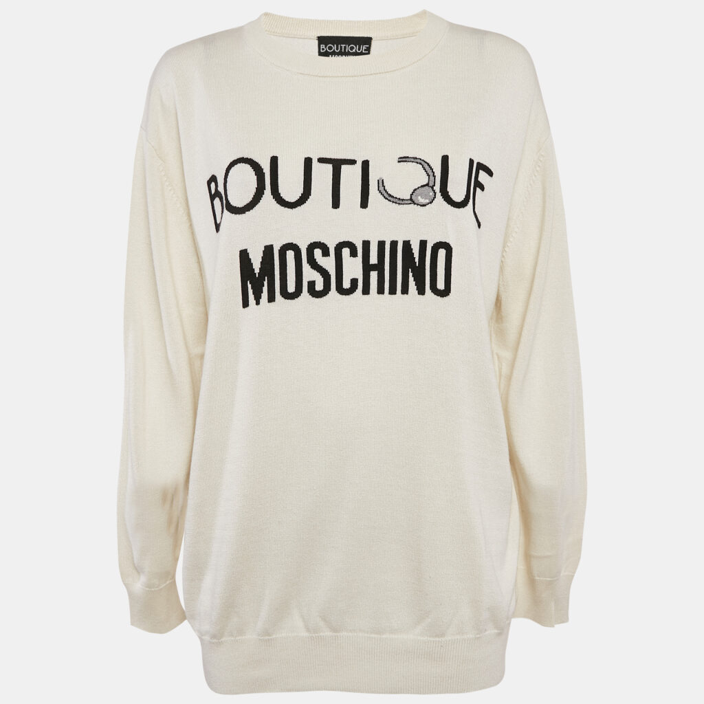 luxury-women-boutique-moschino-used-clothes-p1129122-001.jpg Boutique Moschino Cream Logo Intarsia Silk Knit Sweatshirt XL