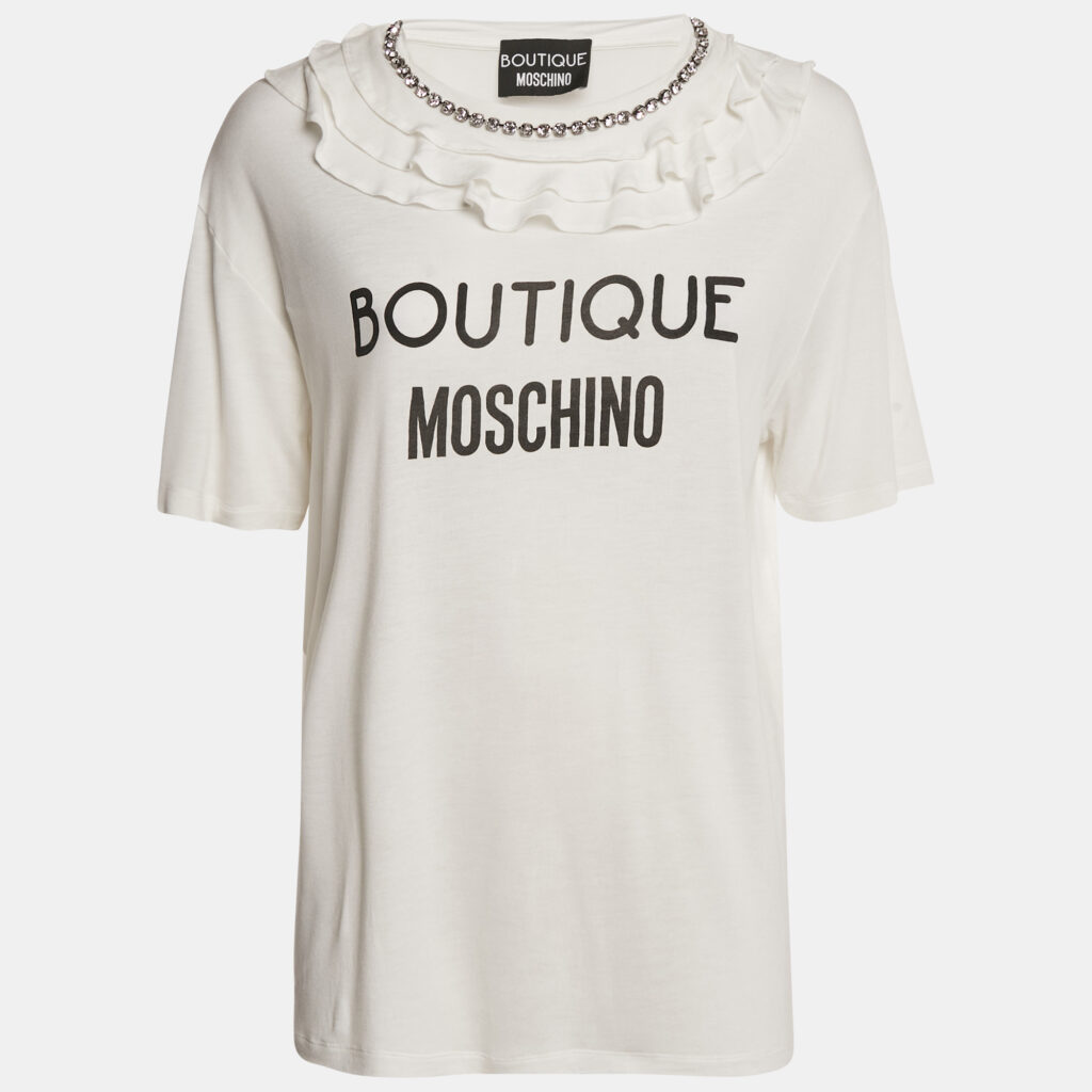 luxury-women-boutique-moschino-used-clothes-p1144208-002.jpg Boutique Moschino White Logo Print Jersey Crystal Embellished and Ruffled T-Shirt M