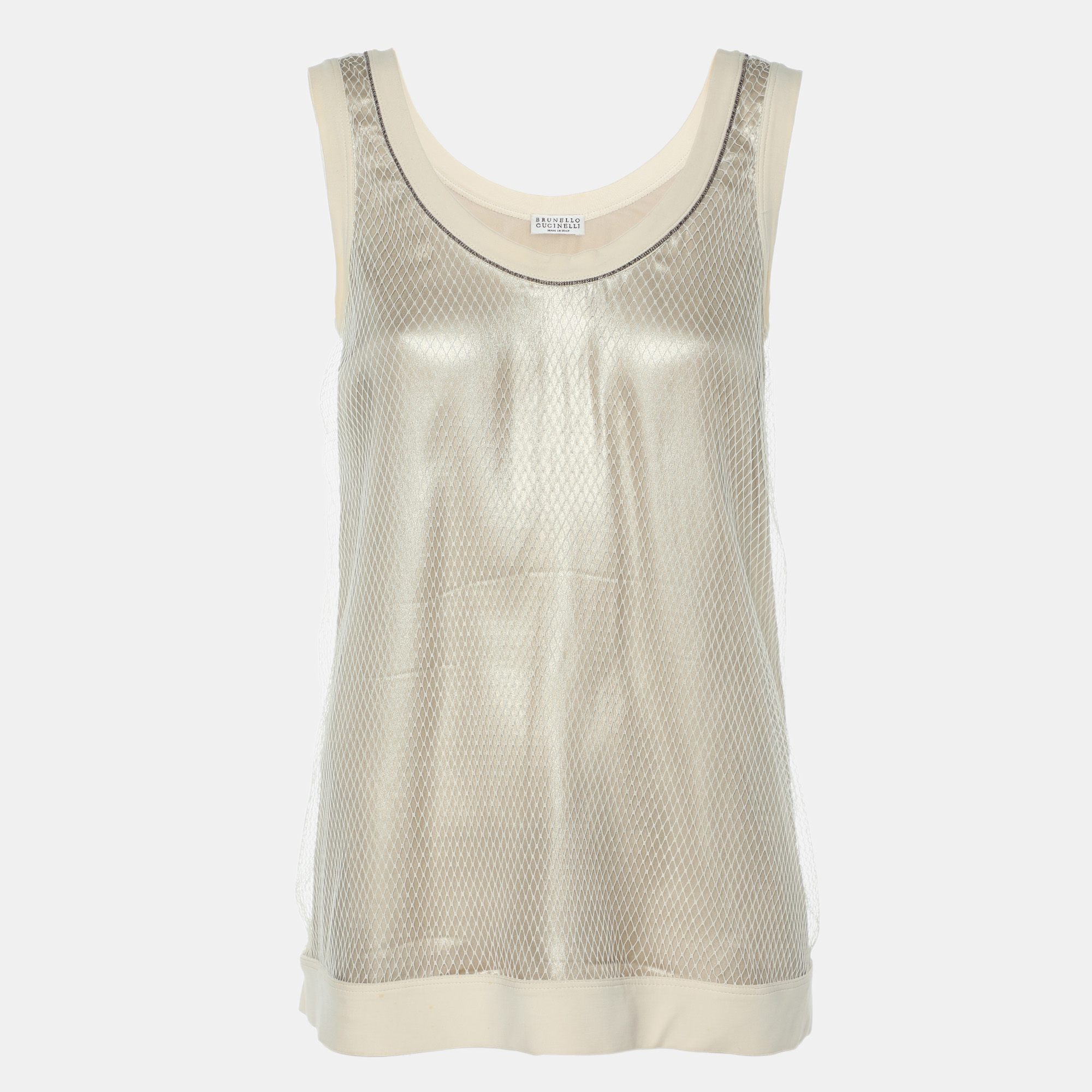 brunello cuccinelli beige mesh silk tank top xs