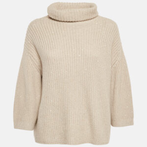 brunello cucinelli beige sequin rib knit turtle neck sweater l