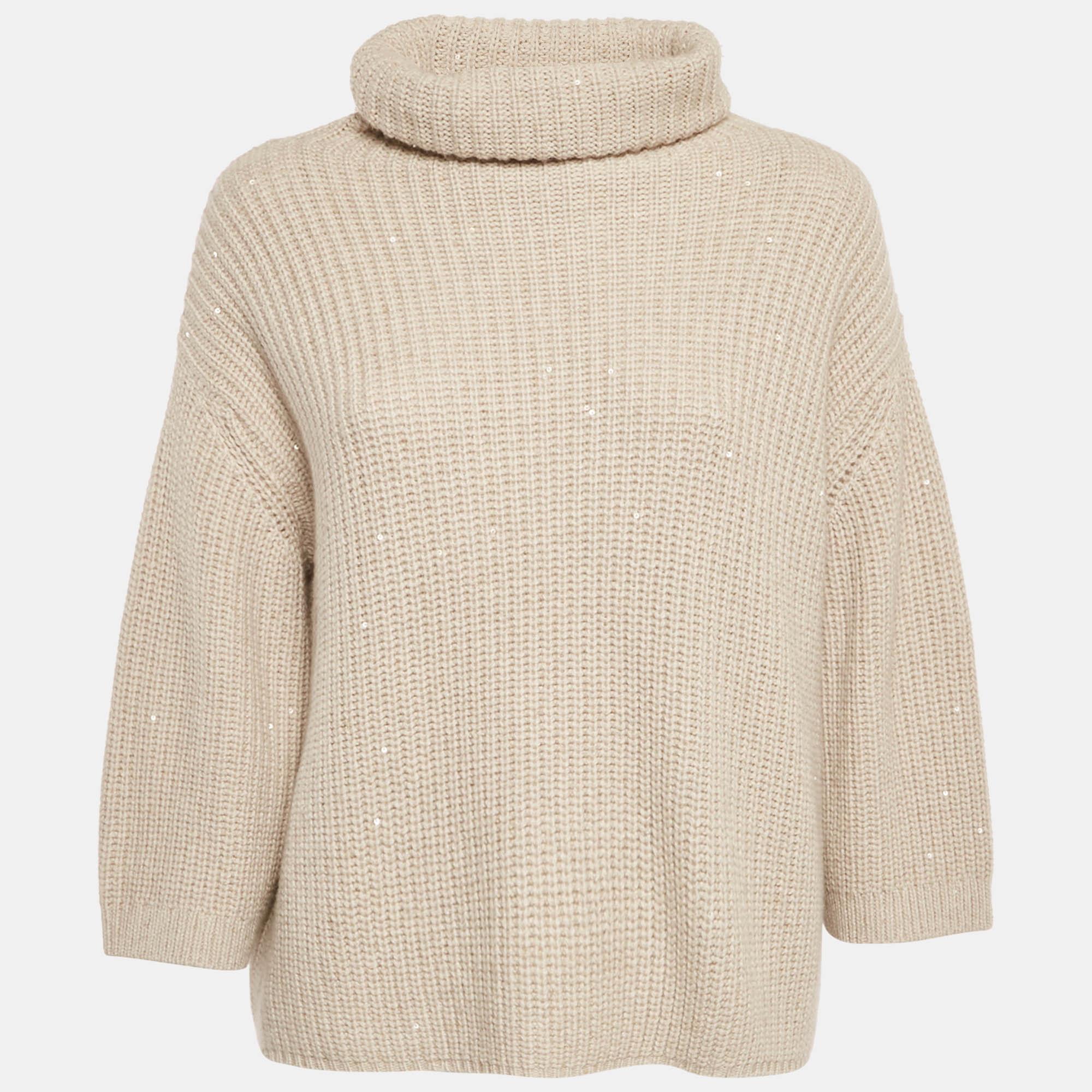 brunello cucinelli beige sequin rib knit turtle neck sweater l
