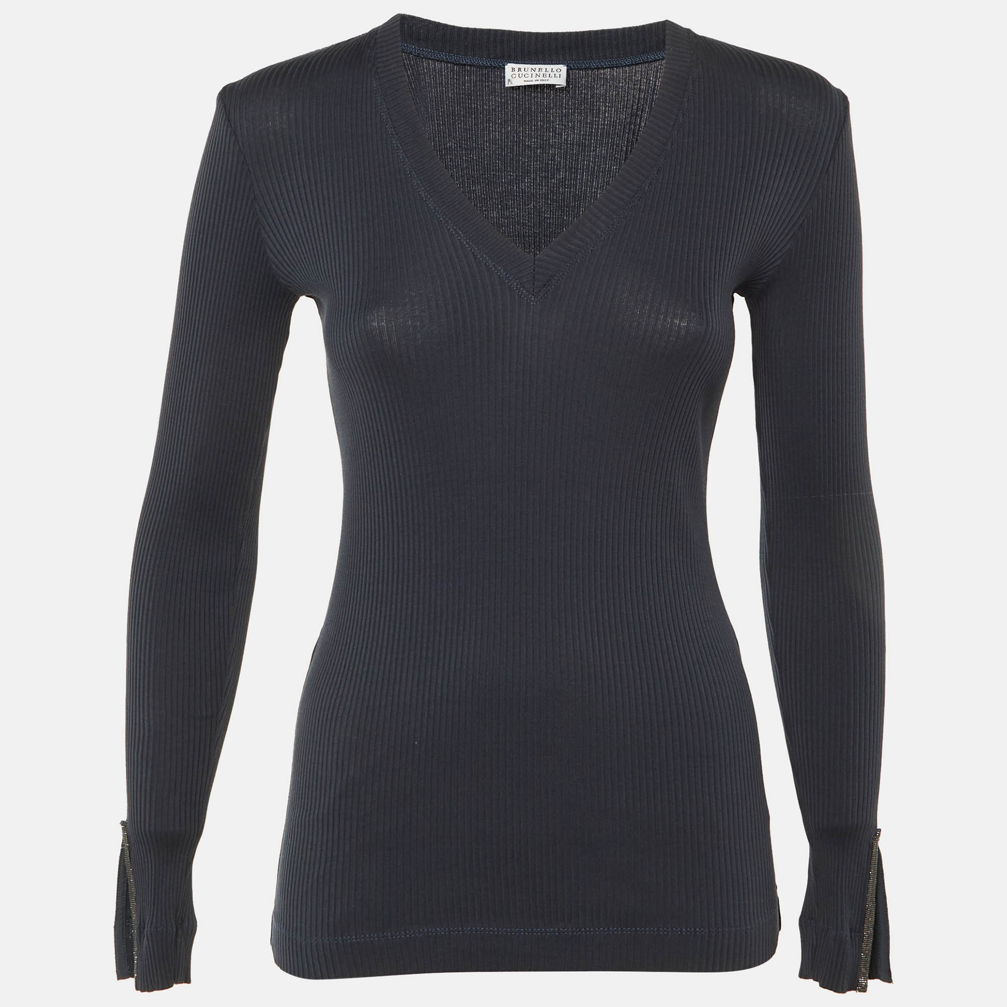 brunello cucinelli grey knit monili sleeve detail top s