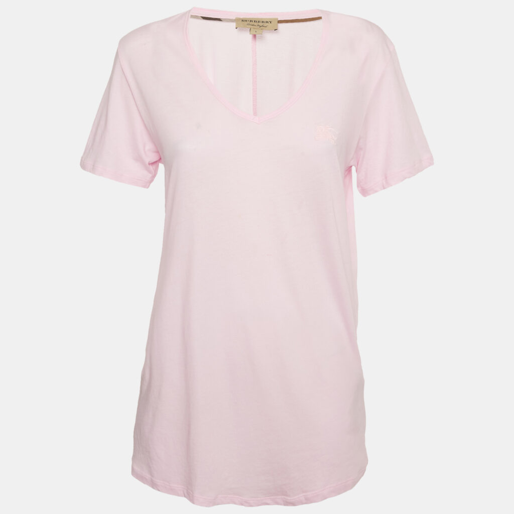 luxury-women-burberry-london-used-clothes-p1144412-001.jpg Burberry Pink Logo Embroidered Cotton V-Neck T-Shirt L