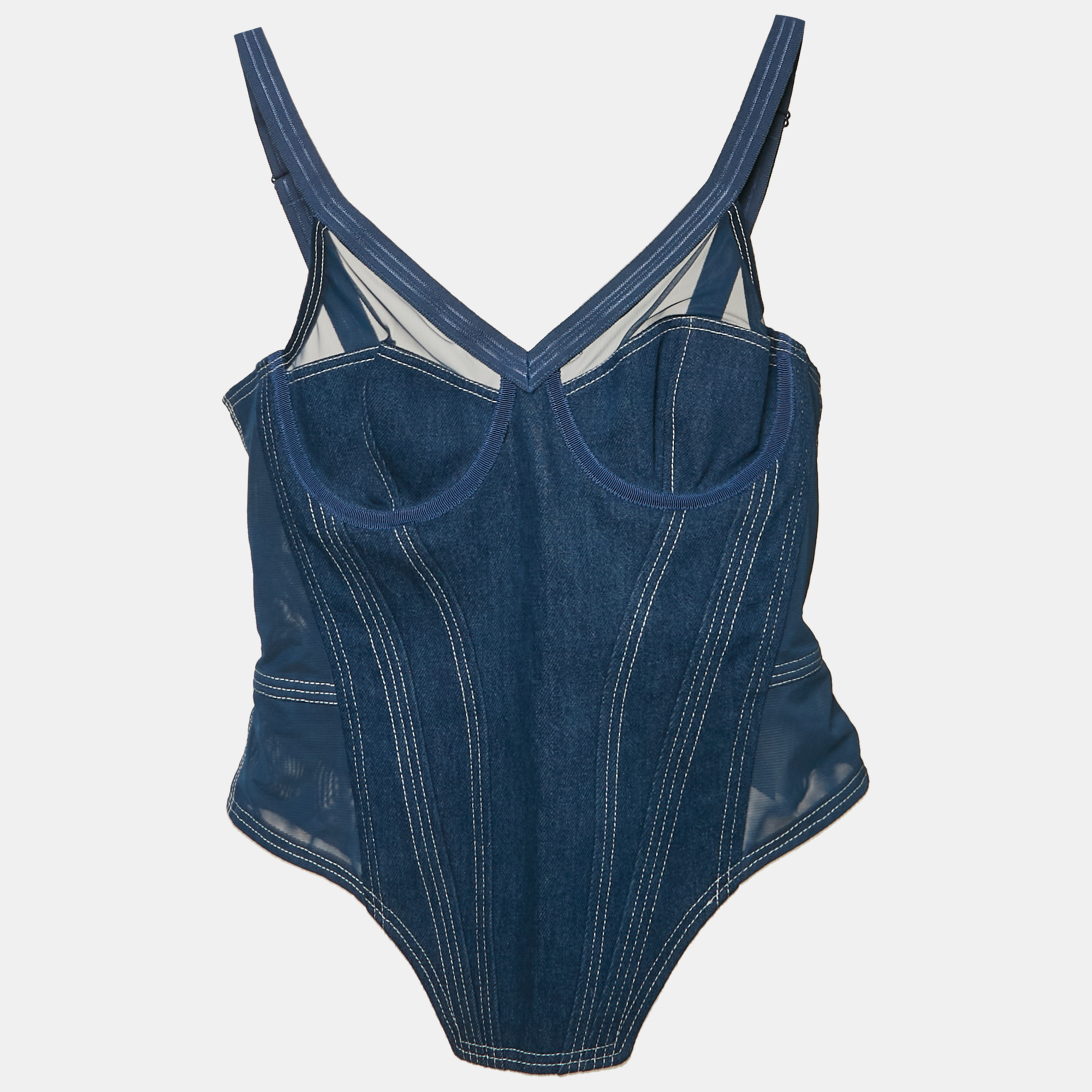 burberry blue denim and mesh bustier corset top m