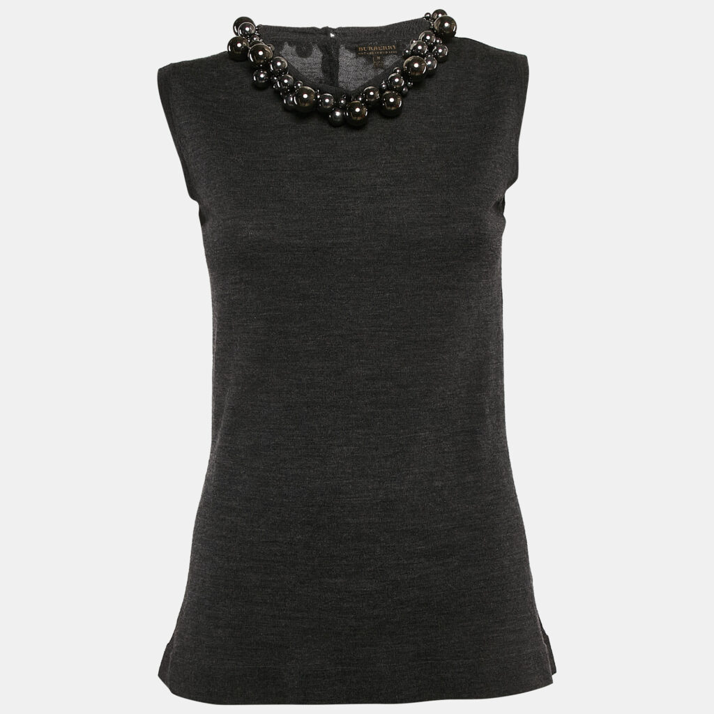 luxury-women-burberry-used-clothes-p1107410-004-2.jpg Burberry Prorsum Vintage Grey Embellished Wool Knit Sleeveless Top M