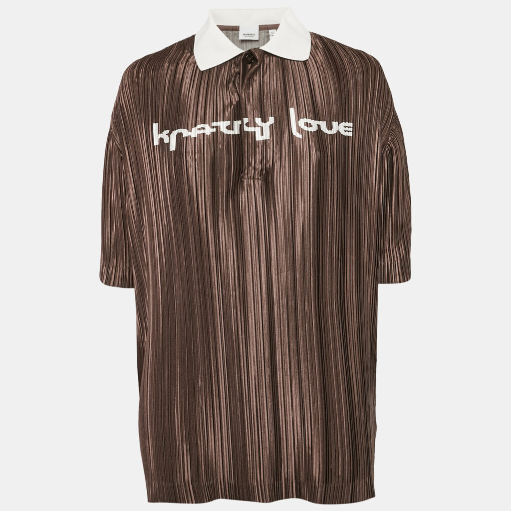 luxury-women-burberry-used-clothes-p1120775-003.jpg Burberry Brown Printed Plisse Polo Collar Top XS