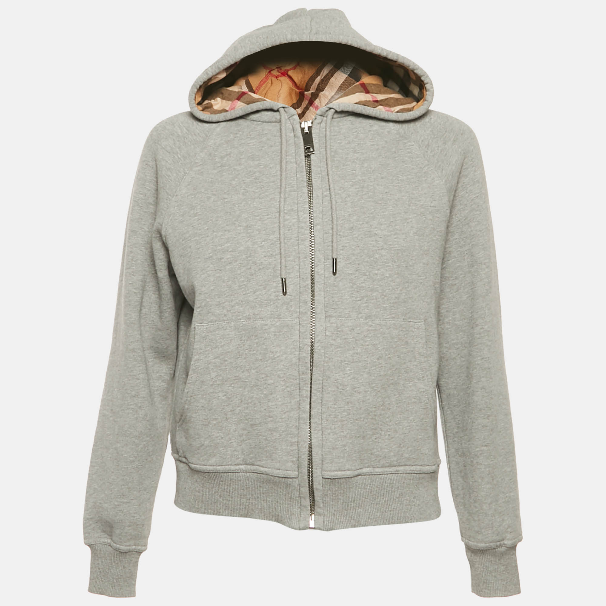 burberry grey cotton check hooded zip-up jacket s