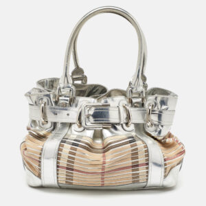 burberry silver/beige sliced coated canvas and leather large beaton tote
