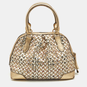 burberry gold/beige haymarket check pvc and woven leather thornley satchel
