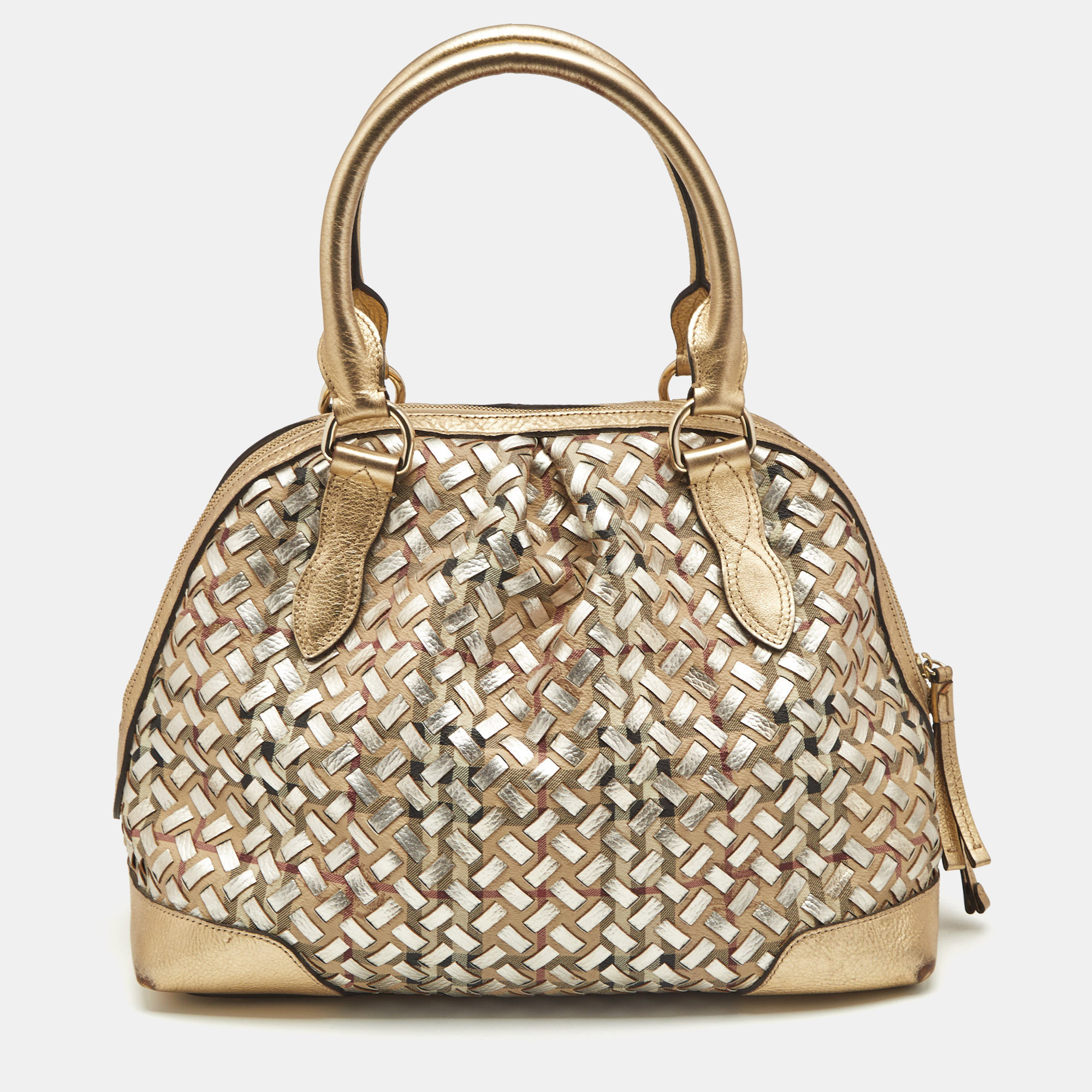 burberry gold/beige haymarket check pvc and woven leather thornley satchel