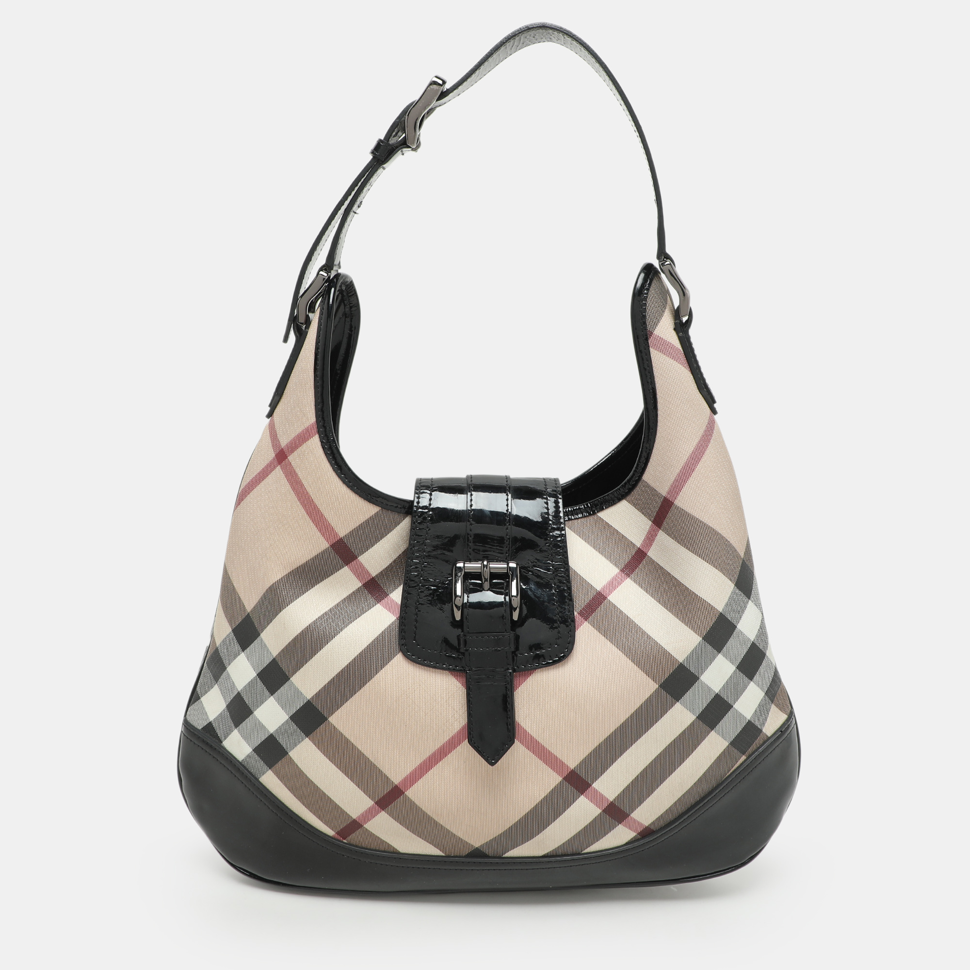 burberry black/beige nova check pvc and patent leather brooke hobo