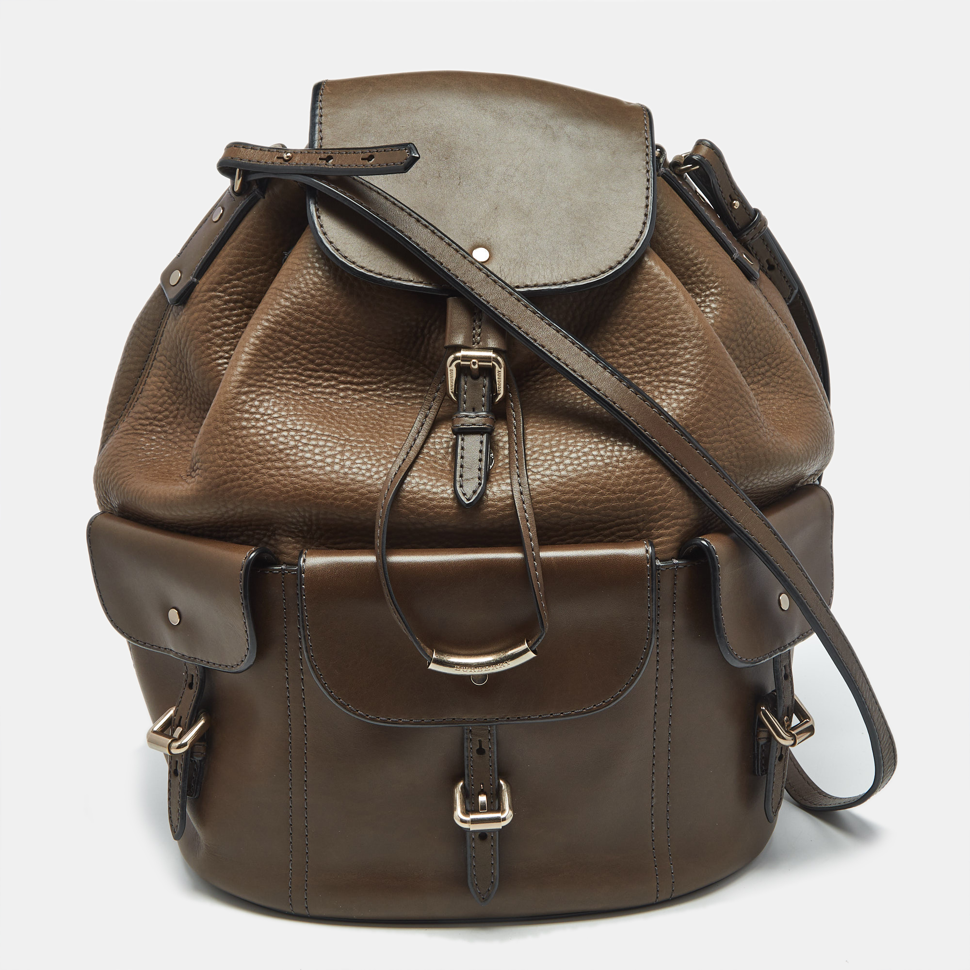 burberry brown leather multi pockets drawstring shoulder bag