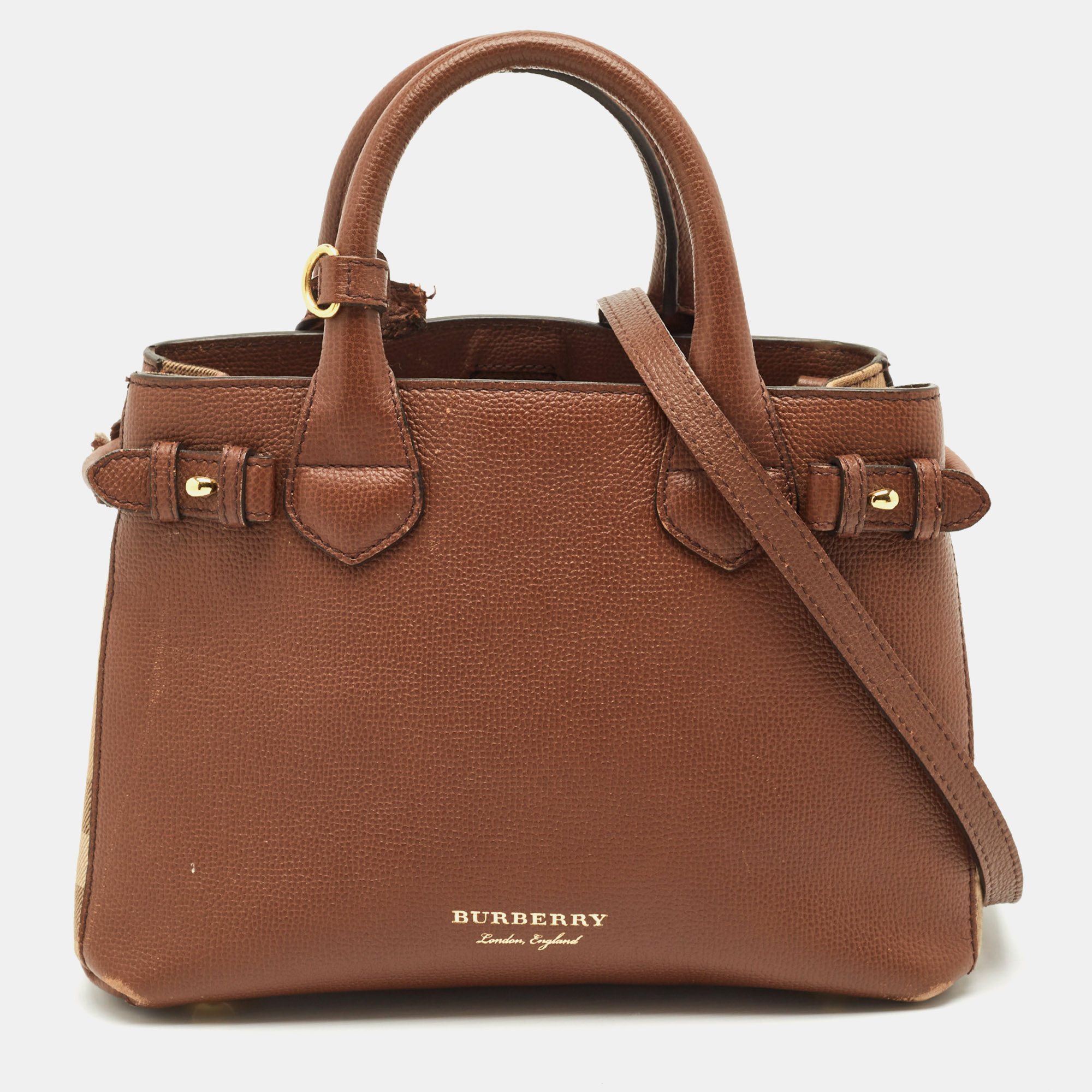 burberry brown/beige house check fabric and leather small banner tote