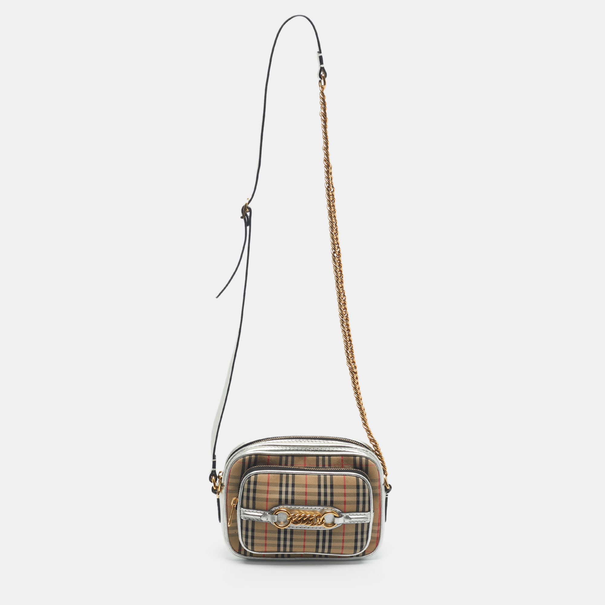 burberry silver/beige 1983 knight check fabric chain link camera bag