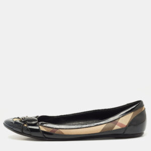 luxury-women-burberry-used-shoes-p1184844-001.jpg burberry black/beige nova check pvc and patent leather buckle ballet flats size 41