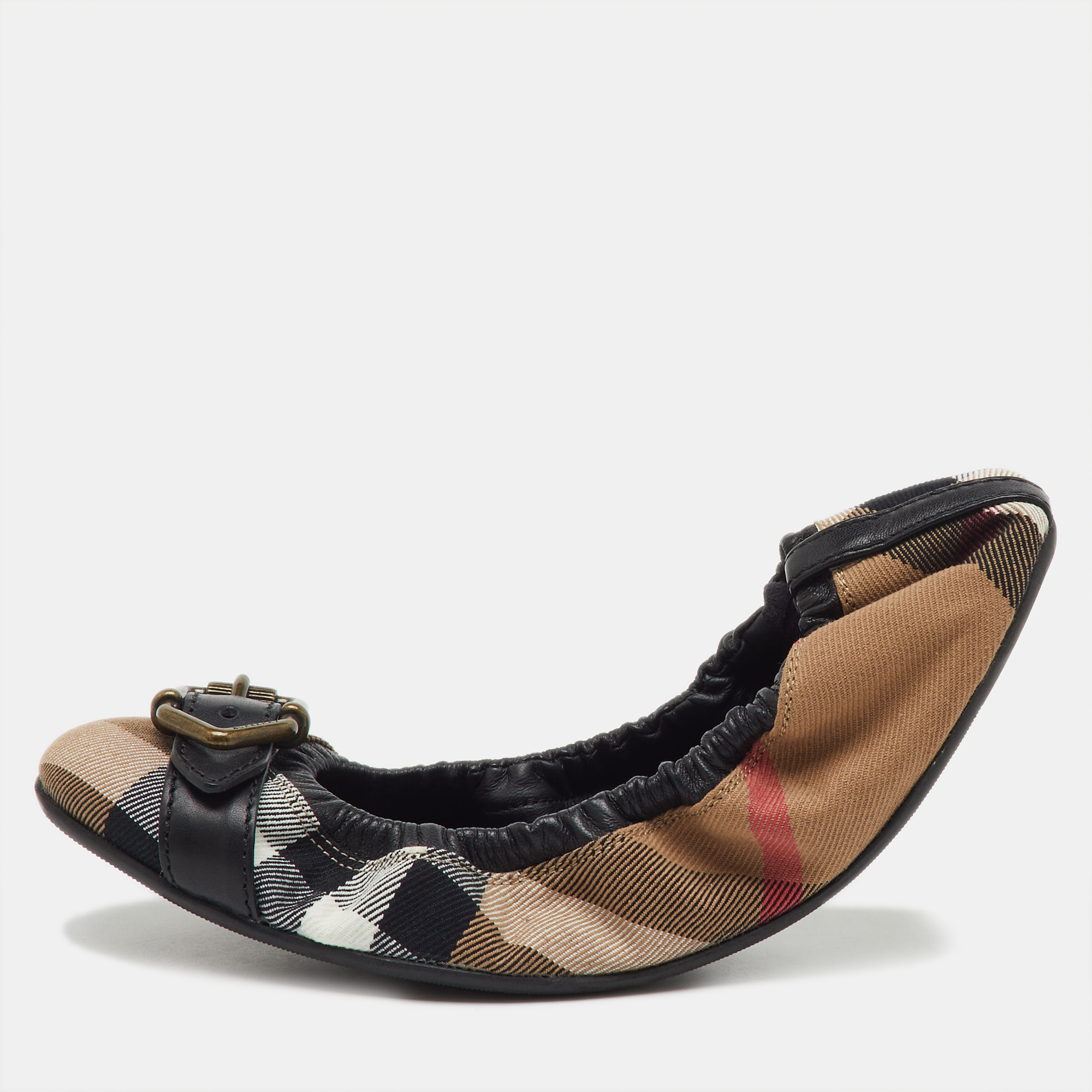 burberry multicolor nova check fabric and leather buckle scrunch ballet flats size 39.5