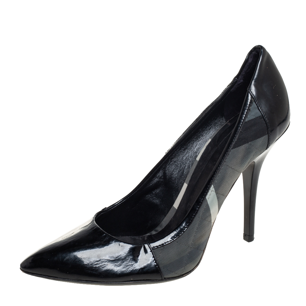 luxury-women-burberry-used-shoes-p454350-001.jpg Burberry Black Nova Check Canvas And Patent Leather Pointed Toe Pumps Size 39