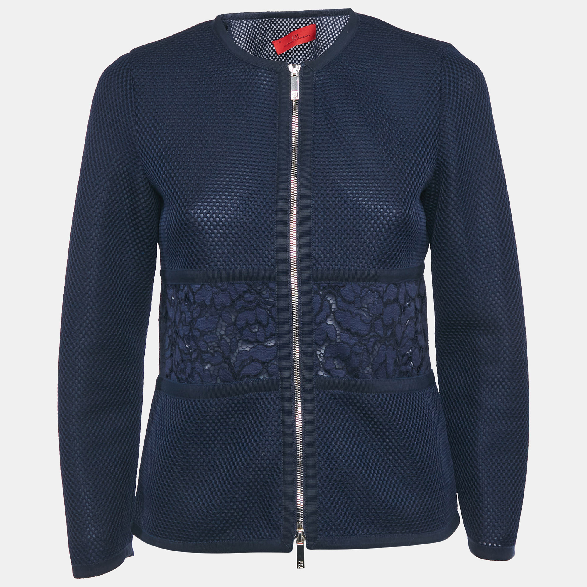 carolina herrera navy blue mesh lace paneled zip-up jacket xs
