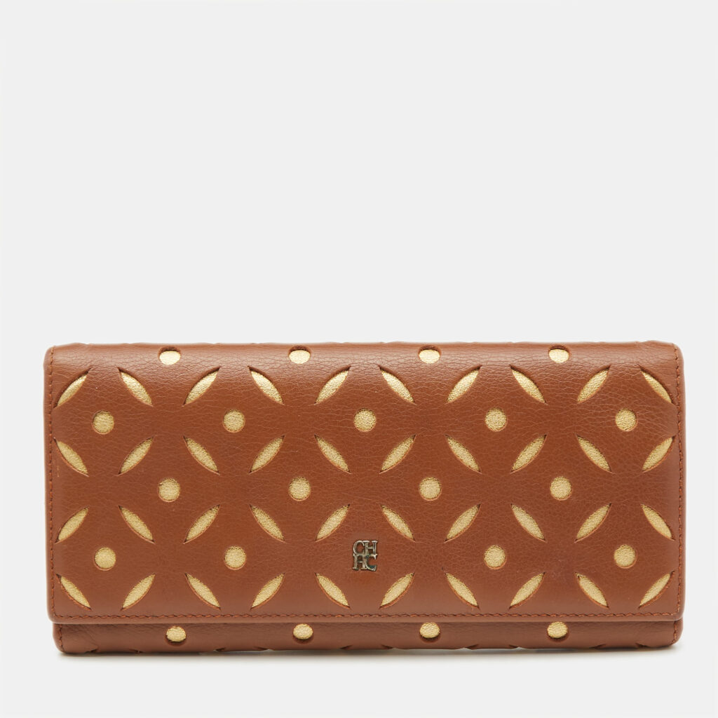 luxury-women-carolina-herrera-used-handbags-p1097755-001.jpg Carolina Herrera Brown/Gold Leather Lasercut Flap Continental Wallet