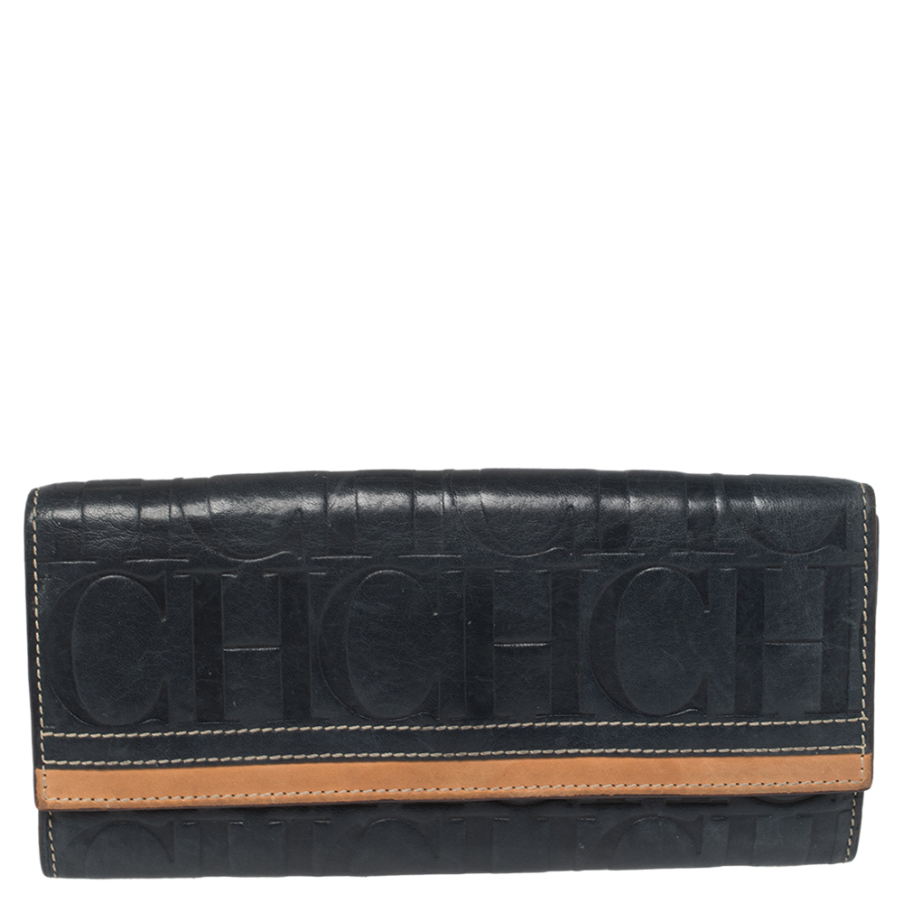 luxury-women-carolina-herrera-used-handbags-p454220-003.jpg Carolina Herrera Blue/Tan Embossed Leather Flap Wallet