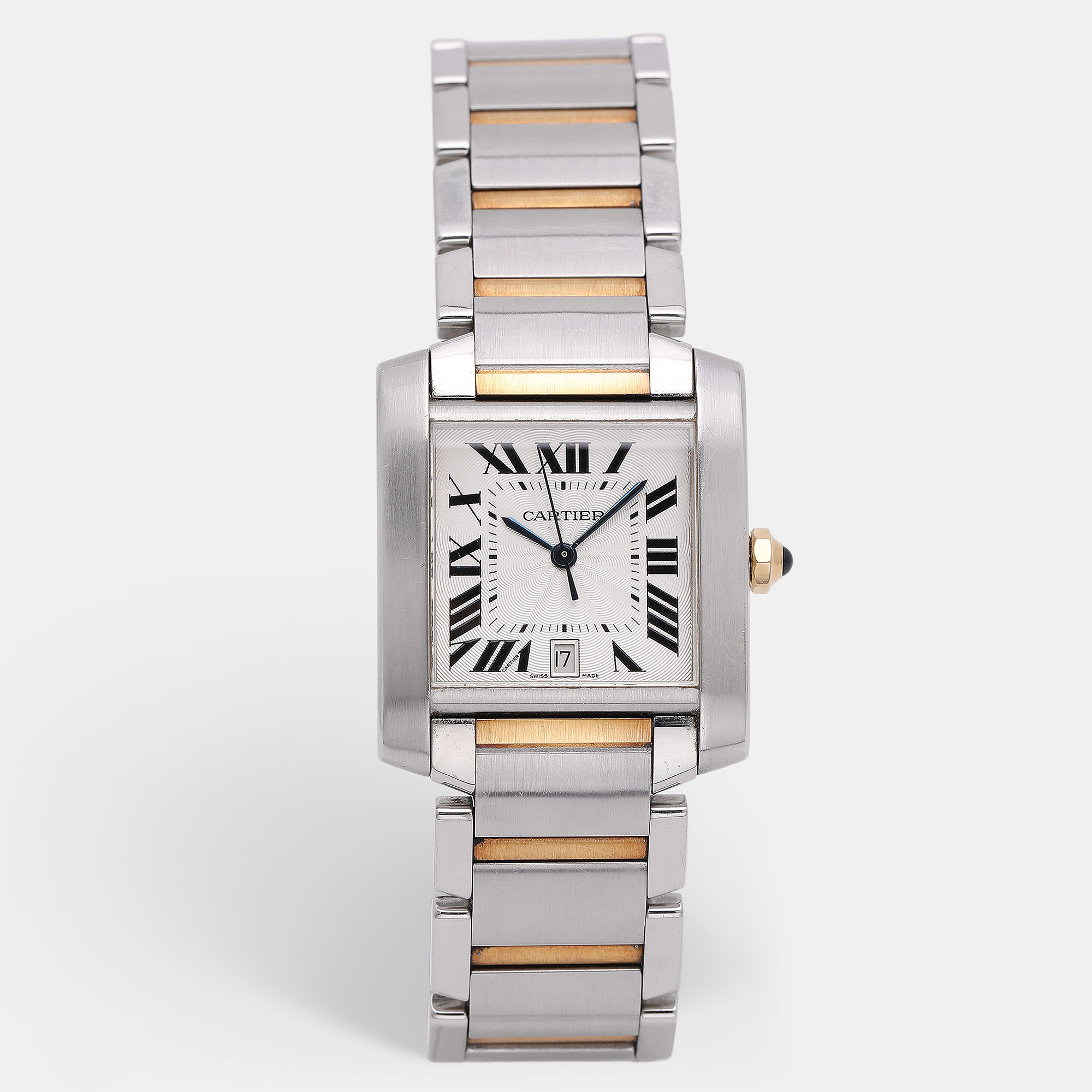 cartier silver 18k yellow gold stainless steel tank francaise w51005q4 women's wristwatch 28mm