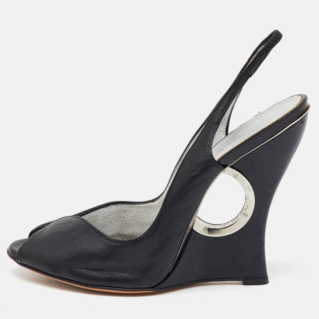 luxury-women-casadei-used-shoes-p1136827-010.jpg Casadei Black Leather Slingback Wedge Pumps Size 38.5