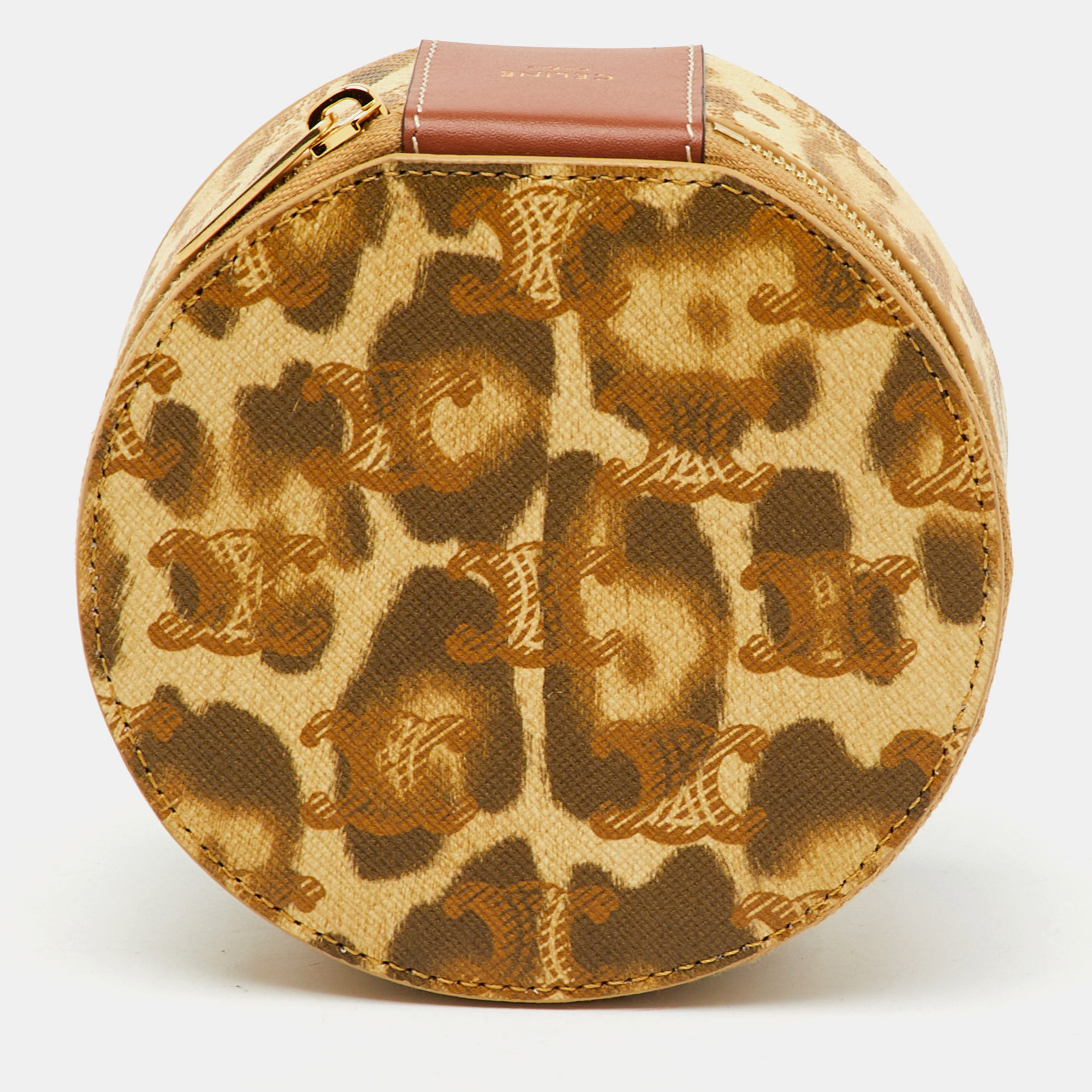 celine beige/brown animal print saffiano leather round zip around pouch