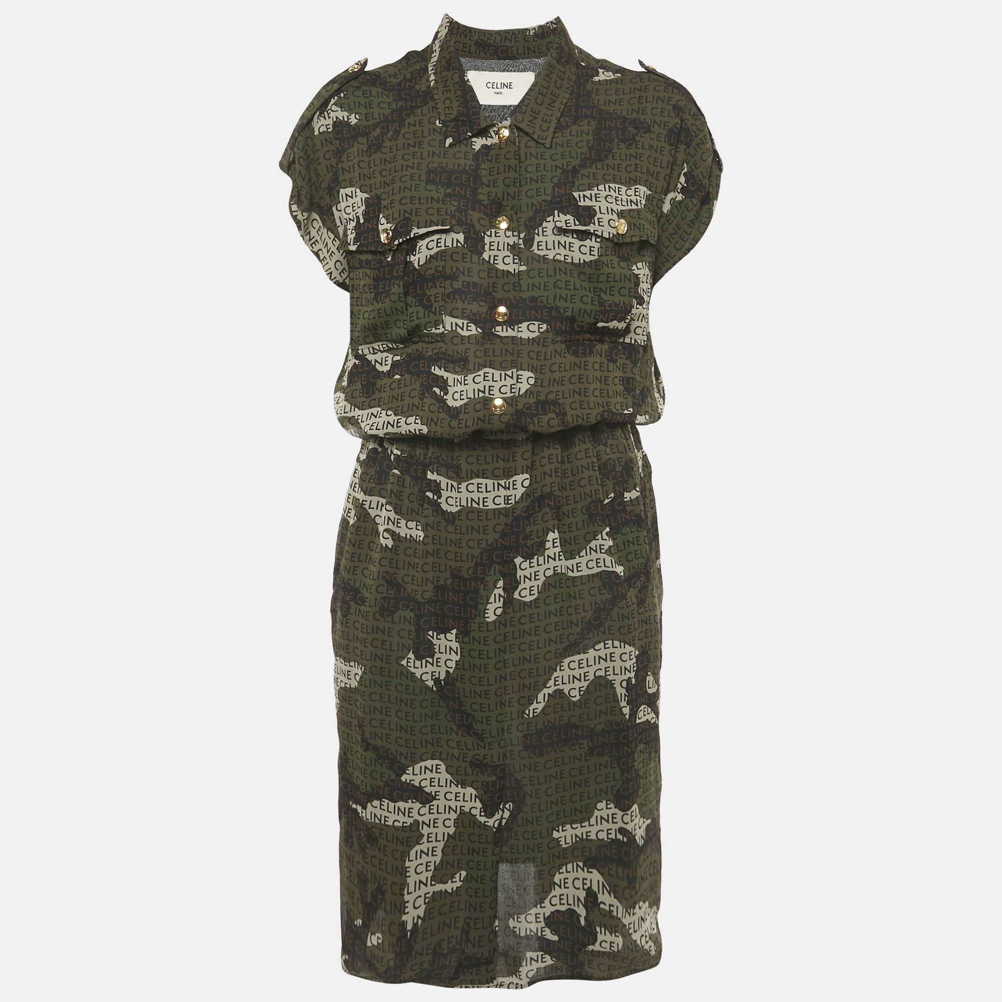 celine black camouflage logo print georgette midi shirt dress m