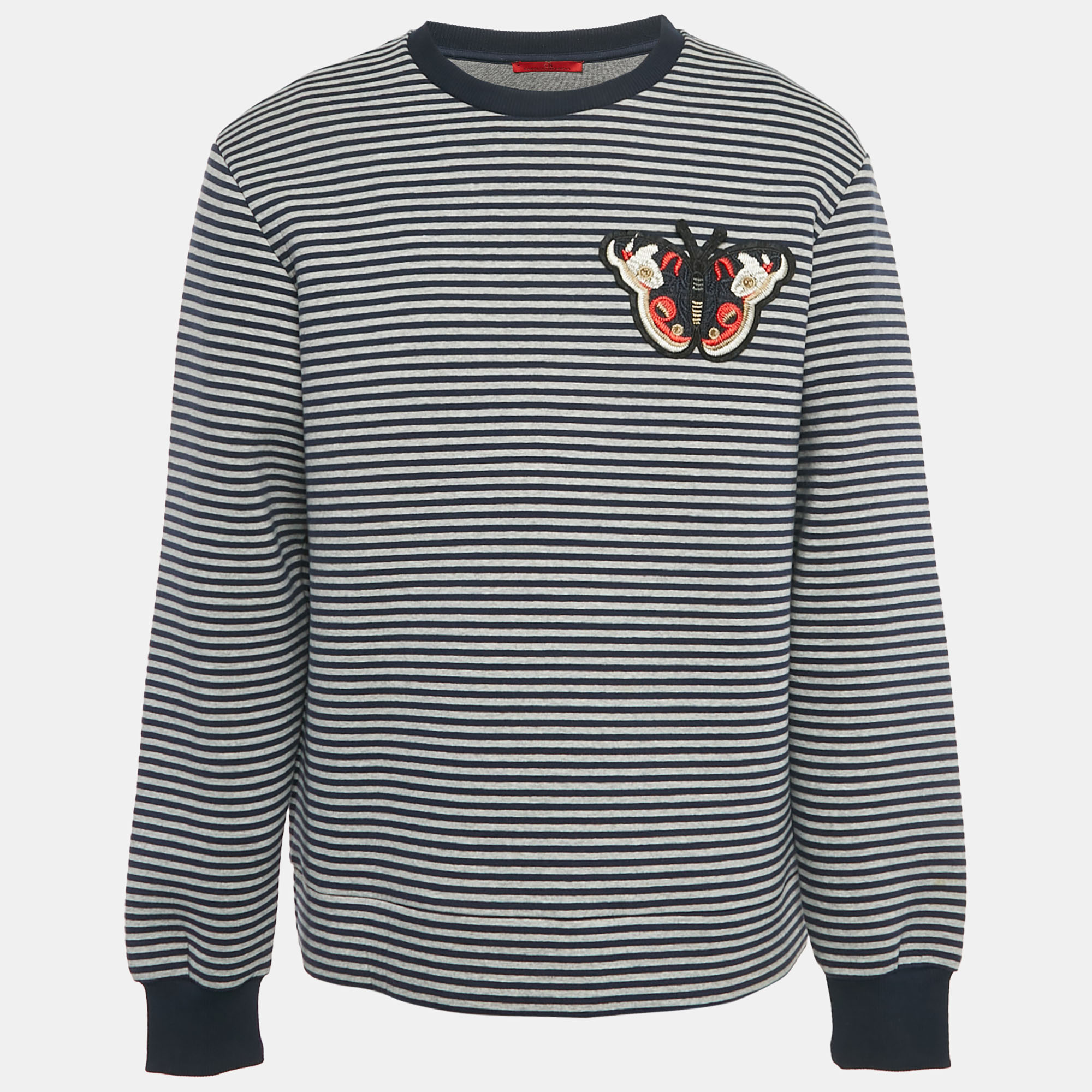 ch carolina herrera blue/grey striped neoprene butterfly applique sweatshirt l