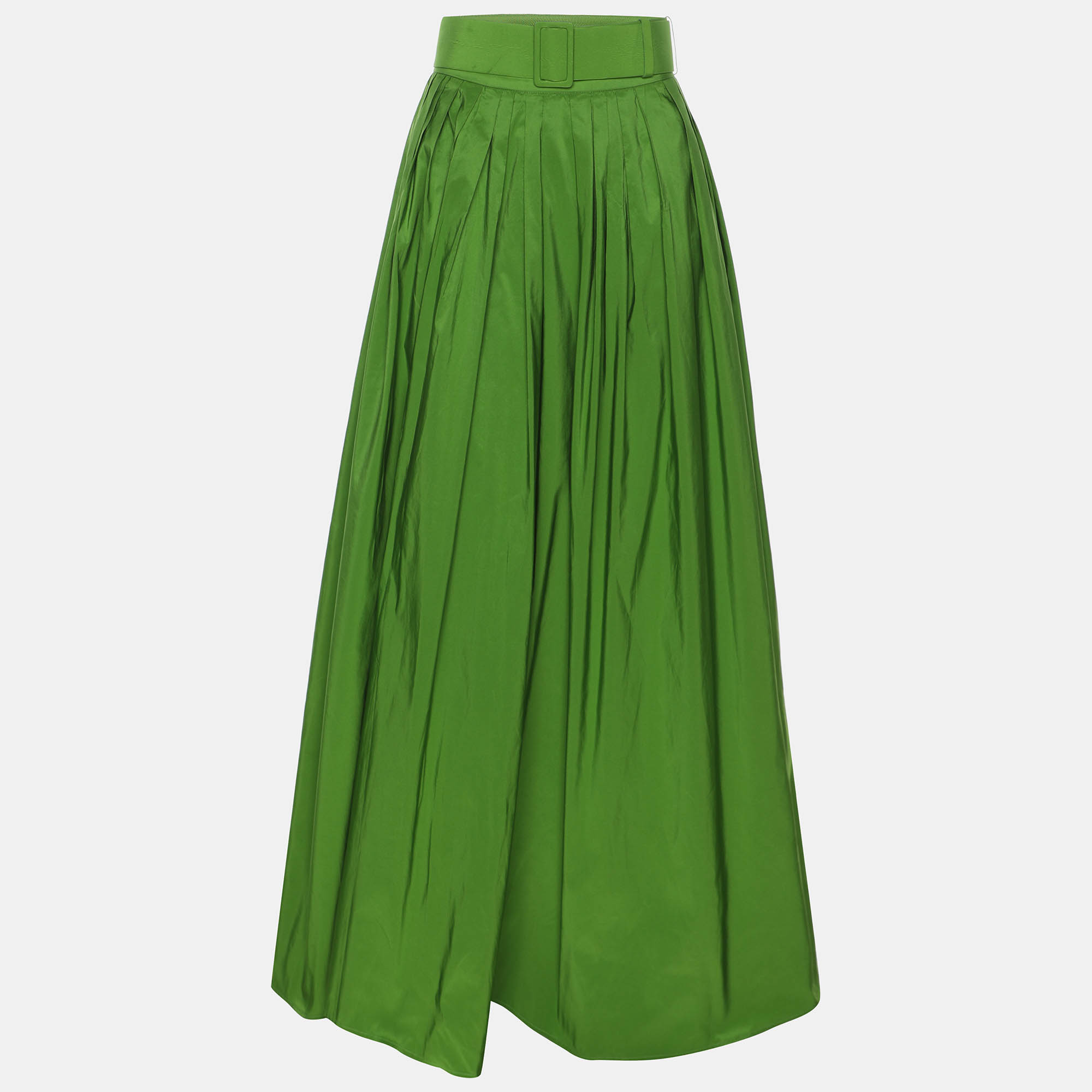 ch carolina herrera green satin pleated belted maxi skirt m