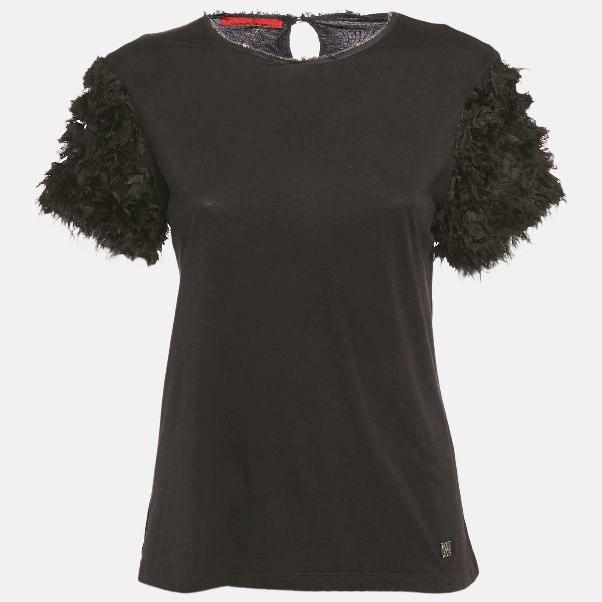 ch carolina herrera black rose applique detail cotton blend frayed t-shirt l